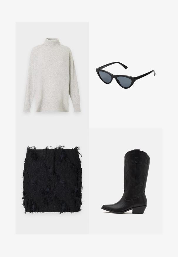 Black blazer made of smooth fabric, featuring a single button closure, notched lapels, and two front pockets.; Light grey ribbed knit turtleneck sweater with long sleeves and relaxed fit on white background.; Black textured skirt featuring a layered fringe design with a slightly irregular hemline, made from a lightweight fabric.; Black leather cowboy boot with pointed toe, low stacked heel, and intricate embossed leaf pattern on the shaft. Loop at the top for easy wear.; Black cat-eye sunglasses with dark gray lenses, sleek plastic frame, pointed corners, and straight temples. No visible hardware or accents.; Burgundy leather handbag with a curved shape, gold accents on the hardware, and a zippered closure. Features a detachable shoulder strap.