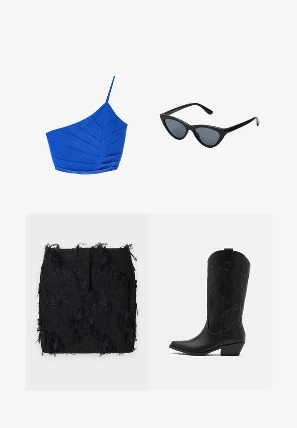 Zwarte blazer gemaakt van gladde stof, met een enkele knoopsluiting, puntige revers en twee voorkruiszakken.; Blauwe linnen top met één schouder, met een geplooid bladvormig structuur en een dunne band, ontworpen met een gestructureerde, asymmetrische vorm.; Zwarte textuurrok met een gelaagde franjes ontwerp en een licht onregelmatige zoom, gemaakt van een lichte stof.; Zwarte leren cowboylaars met spitse neus, lage gestapelde hak en een ingewikkeld geïmbossieerd bladerenpatroon op de schacht. Lus aan de bovenkant voor eenvoudig aantrekken.; Zwarte cat-eye zonnebril met donkergrijze lenzen, slank plastic frame, puntige hoeken en rechte pootjes. Geen zichtbare hardware of accenten.; Bordeaux leren handtas met een gebogen vorm, gouden accenten op het beslag en een ritssluiting. Voorzien van een afneembare schouderriem.