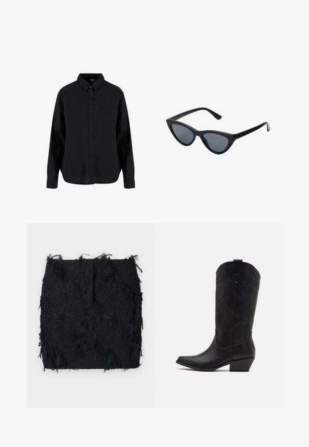 Blazer nero realizzato in tessuto morbido, con chiusura a un bottone, rever a punta e due tasche frontali.; Camicia nera a maniche lunghe con bottoni, realizzata in cotone, caratterizzata da un colletto classico, bottoni frontali e una vestibilità rilassata con orlo curvo.; Gonna nera con texture, caratterizzata da un design a frange sovrapposte e un orlo leggermente irregolare, realizzata in un tessuto leggero.; Stivale da cowboy in pelle nera con punta affusolata, tacco basso impilato e intricato motivo a foglia stampato sul gambale. Anello nella parte superiore per una facile indossabilità.; Occhiali da sole cat-eye neri con lenti grigie scure, montatura in plastica elegante, angoli appuntiti e tempie dritte. Nessuna ferramenta o accenti visibili.; Borse in pelle borgogna con forma curva, dettagli in oro sull'hardware e chiusura con cerniera. Presenta una tracolla staccabile.