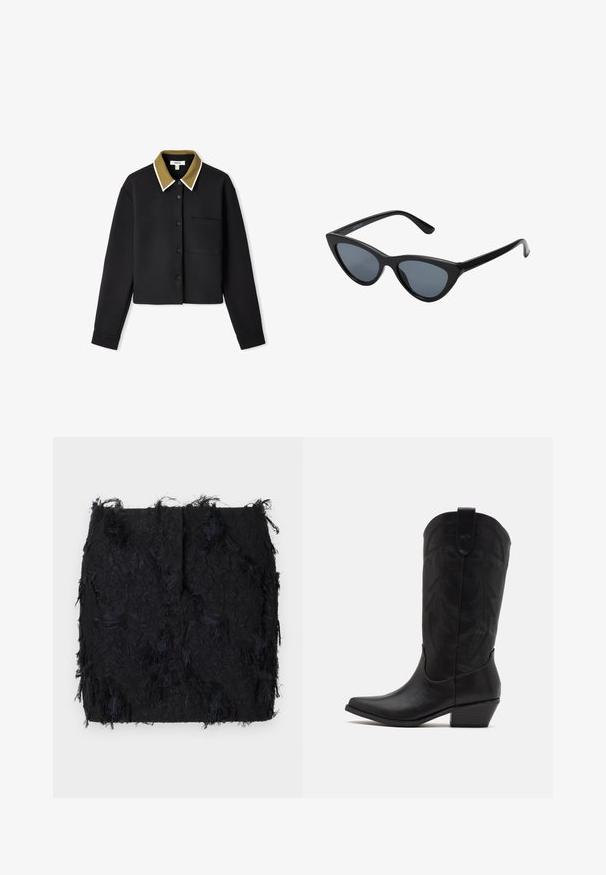 Schwarzer Blazer aus glattem Stoff, mit einer Ein-Knopf-Verschluss, Reverskragen und zwei frontalen Taschen.; Schwarzes, kurzes Shirt mit langen Ärmeln, olivgrüner Kragen, weißer Besatz, Knopfverschluss vorne und einer einzelnen Brusttasche. Glatte, einheitliche Textur.; Schwarzer Textrock mit einer geschichteten Fransen-Optik und einem leicht unregelmäßigen Saum, gefertigt aus einem leichten Stoff.; Schwarze Leder-Cowboystiefel mit spitzer Zehenform, niedrigem, gestapeltem Absatz und kunstvollem, geprägtem Blattmuster am Schaft. Schleife am oberen Ende für einfaches Anziehen.; Schwarze Cat-Eye-Sonnenbrille mit dunkelgrauen Gläsern, schlankem Kunststoffrahmen, spitzen Ecken und geraden Bügeln. Keine sichtbaren Befestigungen oder Akzente.; Burgunderfarbene Lederhandtasche mit geschwungener Form, goldenen Akzenten an den Beschlägen und einem Reißverschlussverschluss. Verfügt über einen abnehmbaren Schultergurt.