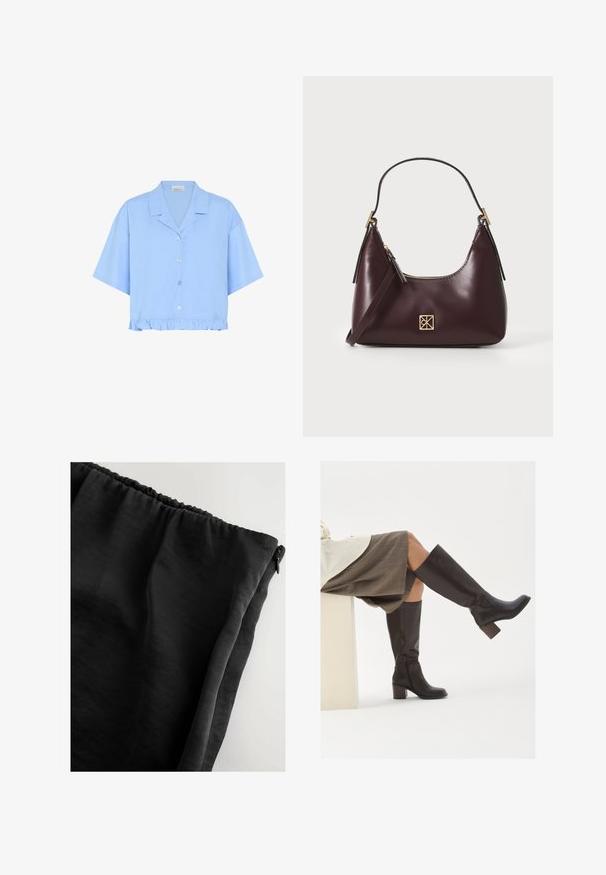Zwarte blazer gemaakt van gladde stof, met een enkele knoopsluiting, puntige revers en twee voorkruiszakken.; Lichtblauwe cropped shirt van katoen; heeft korte mouwen, een kraag, knopen aan de voorkant en een gerimpelde onderrand.; Zwart, lichtgewicht stof met een zachte textuur, voorzien van een geplooide tailleband en een zijrits. Eenvoudig ontwerp zonder extra patronen.; Bruine leren laarzen tot de knie met een vierkante neus, stevige hak en zijrits. Gladde textuur met een gepolijste afwerking.; Bordeaux leren handtas met een gebogen vorm, gouden accenten op het beslag en een ritssluiting. Voorzien van een afneembare schouderriem.