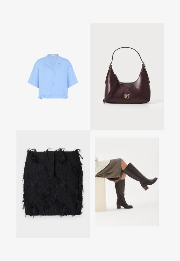 Zwarte blazer gemaakt van gladde stof, met een enkele knoopsluiting, puntige revers en twee voorkruiszakken.; Lichtblauwe cropped shirt van katoen; heeft korte mouwen, een kraag, knopen aan de voorkant en een gerimpelde onderrand.; Zwarte textuurrok met een gelaagde franjes ontwerp en een licht onregelmatige zoom, gemaakt van een lichte stof.; Bruine leren laarzen tot de knie met een vierkante neus, stevige hak en zijrits. Gladde textuur met een gepolijste afwerking.; Bordeaux leren handtas met een gebogen vorm, gouden accenten op het beslag en een ritssluiting. Voorzien van een afneembare schouderriem.