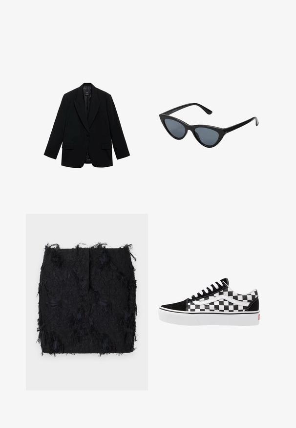 Blazer nero realizzato in tessuto morbido, con chiusura a un bottone, rever a punta e due tasche frontali.; Due top senza maniche a coste, uno marrone e uno nero, esposti su uno sfondo bianco semplice.; Gonna nera con texture, caratterizzata da un design a frange sovrapposte e un orlo leggermente irregolare, realizzata in un tessuto leggero.; Sneaker in tela a scacchi bianco e nero con dettagli in suede nero, lacci bianchi e suola in gomma. Il logo laterale presenta un design a contrasto.; Occhiali da sole cat-eye neri con lenti grigie scure, montatura in plastica elegante, angoli appuntiti e tempie dritte. Nessuna ferramenta o accenti visibili.; Borse in pelle borgogna con forma curva, dettagli in oro sull'hardware e chiusura con cerniera. Presenta una tracolla staccabile.