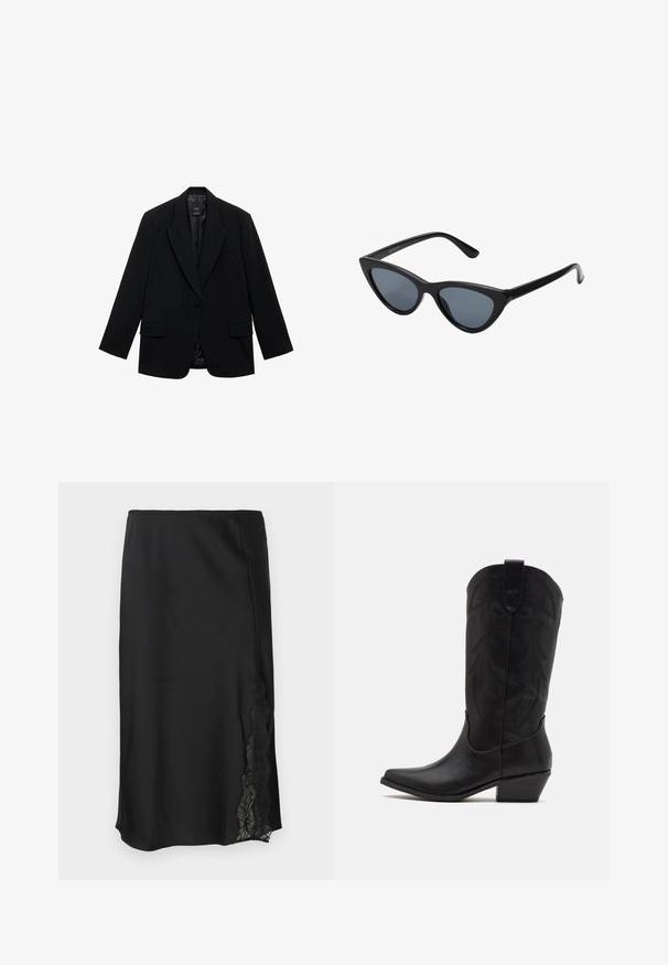 Mustapha pusero valmistettu sileästä kankaasta, jossa on yksittäinen nappisulku, muotoleikatut kaulukset ja kaksi etutaskua.; Kaksi hihattomaa ribbikuvioista poolopaitaa ruskeana ja mustana, esillä yksinkertaisella valkoisella taustalla.; Musta satiinihame, jossa on sileä pinta, yhdellä sivulla pitsiyksityiskohta ja suora helma. Valjaallinen vyötärö joustavaa istuvuutta varten.; Musta nahkakengät cowboy-tyyliin, joissa on terävä kärki, matala pinottu korko ja monimutkainen kohokuvioitu lehtimäinen kuvio varressa. Ylhäällä on silmäkumi helppoa pukemista varten.; Mustat kissaeye-aurinkolasit tumman harmailla linsseillä, tyylikäs muovikehys, terävät kulmat ja suorat templet. Ei näkyvää metalliosia tai koristuksia.; Burgundy nahkakäsilaukku, jossa on kaareva muoto, kultaiset yksityiskohdat metalliosissa ja vetoketjukuclosure. Varustettu irrotettavalla olkahihnalla.