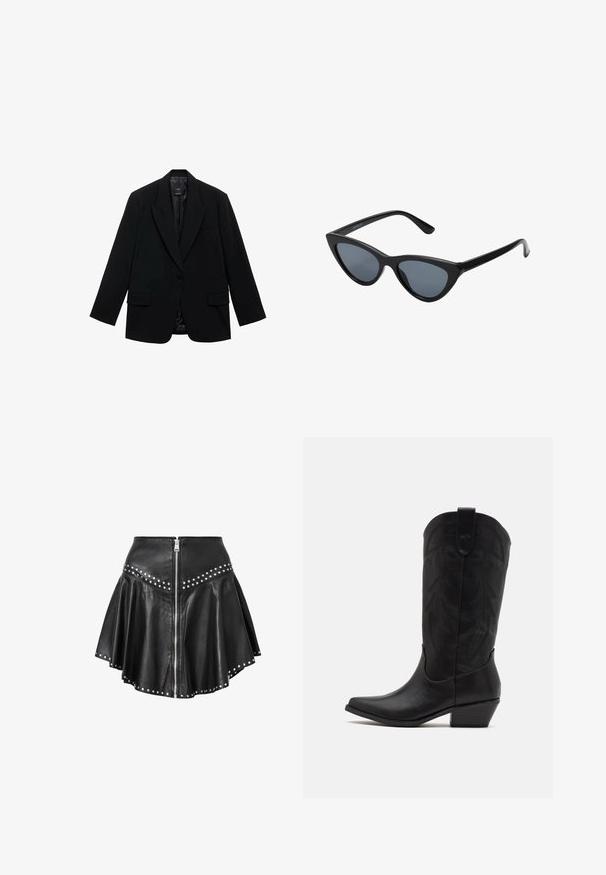 Črn blejzer iz gladkega materiala, z enim gumbom za zapiranje, z izrezanimi klopi in dvema sprednjima žepoma.; Dve brezrokavne rebraste majice s turtleneck ovratnikom v rjavi in črni barvi, prikazane na enotni beli podlagi.; Črna usnjena mini krila z razširjenim dizajnom, srebrnimi žebljički ob robu in pasu ter sprednjim zadrgo. Gladka tekstura po vsej površini.; Črne usnjene kavbojske škornje s koničastim nosom, nizkim nataknutim peto in zapletenim embosiranim listnatim vzorcem na šahu. Zanko na vrhu za lažje obuvanje.; Črne mačje oči sončna očala z temno sivo lečo, elegantnim plastičnim okvirjem, ostrimi koti in ravnimi vseski. Brez vidnih kovinskih delov ali okrasitev.; Burgundska kožna torbica s zakrivljenim oblikom, zlatnimi detajli na opremi in zadrgo. Ima odstranljiv naramni trak.