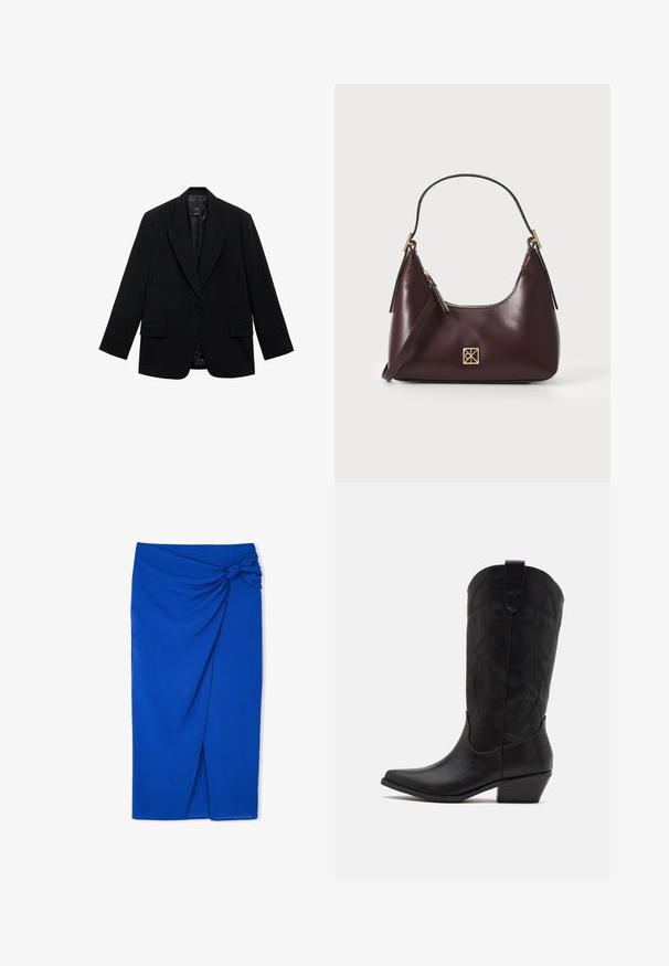 Blazer noir en tissu lisse, avec une fermeture à un bouton, des revers crantés et deux poches avant.; Deux tops à col roulé sans manches en marron et noir, présentés sur un fond blanc uni.; Jupe enroulée bleue en tissu léger ; présente un détail de nœud à la taille et une fente à l'avant pour un confort de mouvement.; Botte de cowboy en cuir noir avec un bout pointu, un talon bas empilé et un motif de feuilles embossé complexe sur la tige. Boucle en haut pour un enfilage facile.; Sac à main en cuir bordeaux avec une forme incurvée, accents dorés sur la quincaillerie et une fermeture éclair. Dispose d'une bandoulière amovible.