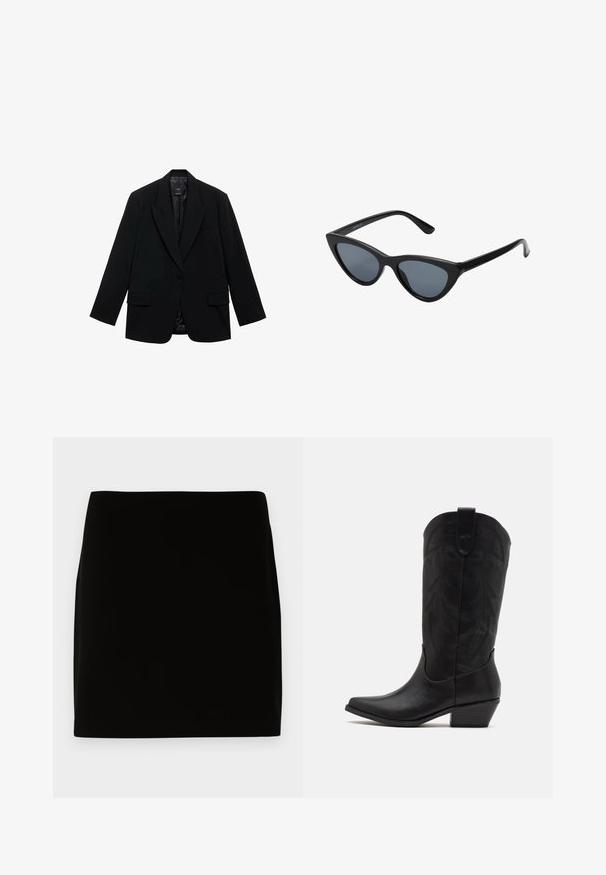 Crni blejzer od glatke tkanine, s jednim dugmetom, izrezanim reverima i dva prednja dzepa.; Dva bezrukavna rebrasta topa s rolkragnom u smeđoj i crnoj boji, prikazana na jednostavnoj bijeloj pozadini.; Crna mini suknja od glatkog materijala, s jednostavnim dizajnom bez vidljivih šavova ili ukrasa. Čiste linije i ravni kroj.; Crne kožne kaubojke s šiljastim prstom, niskim ravnim potplatom i složenim reljefnim uzorkom listova na osovini. Uže na vrhu za lakše obuvanje.; Crne mačke naočale sa tamnosivim lećama, elegantan plastični okvir, šiljati uglovi i ravne drške. Bez vidljivih metalnih dijelova ili detalja.; Bordo kožna torba s zakrivljenim oblikom, zlatni akcenti na hardveru i zatvorena na patentni zatvarač. Ima odvojivi rameni pojas.