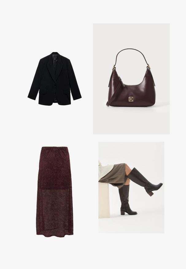 Zwarte blazer gemaakt van gladde stof, met een enkele knoopsluiting, puntige revers en twee voorkruiszakken.; Twee mouwloze geribbelde coltruien in bruin en zwart, weergegeven op een effen witte achtergrond.; Bordeaux kanten maxi-rokje met bloemmotieven, doorschijnend ondergedeelte en een elastische tailleband. Zachte, gestructureerde stof.; Bruine leren laarzen tot de knie met een vierkante neus, stevige hak en zijrits. Gladde textuur met een gepolijste afwerking.; Bordeaux leren handtas met een gebogen vorm, gouden accenten op het beslag en een ritssluiting. Voorzien van een afneembare schouderriem.