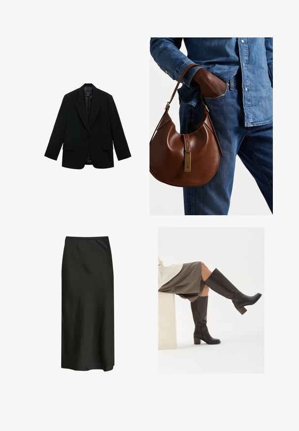 Črn blejzer iz gladkega materiala, z enim gumbom za zapiranje, z izrezanimi klopi in dvema sprednjima žepoma.; Dve brezrokavne rebraste majice s turtleneck ovratnikom v rjavi in črni barvi, prikazane na enotni beli podlagi.; Črna midi krila iz gladkega, lahkotnega materiala. Ima preprost dizajn z elastičnim pasom in subtilnim sijajem.; Rjave usnjene čizme do kolen s kvadratnim koncem, debelim peto in božnim zadrgo. Gladka tekstura s sijočim zaključkom.; Rjava usnjena hobo torba zaobljene oblike, ki vsebuje zlatokovinske dodatke in kontrastno šivanje. V kombinaciji z denim srajco in kavbojkami.