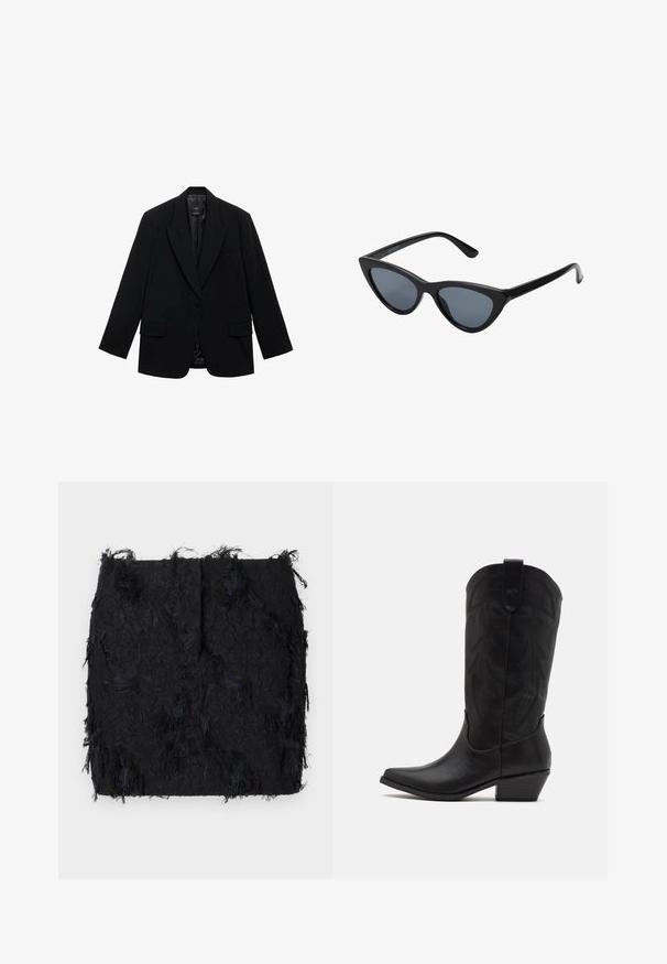 Črn blejzer iz gladkega materiala, z enim gumbom za zapiranje, z izrezanimi klopi in dvema sprednjima žepoma.; Dve brezrokavne rebraste majice s turtleneck ovratnikom v rjavi in črni barvi, prikazane na enotni beli podlagi.; Črna teksturirana krila z večplastnim frufru designom in nekoliko nepravilnim robom, izdelana iz lahkega materiala.; Črne usnjene kavbojske škornje s koničastim nosom, nizkim nataknutim peto in zapletenim embosiranim listnatim vzorcem na šahu. Zanko na vrhu za lažje obuvanje.; Črne mačje oči sončna očala z temno sivo lečo, elegantnim plastičnim okvirjem, ostrimi koti in ravnimi vseski. Brez vidnih kovinskih delov ali okrasitev.; Burgundska kožna torbica s zakrivljenim oblikom, zlatnimi detajli na opremi in zadrgo. Ima odstranljiv naramni trak.
