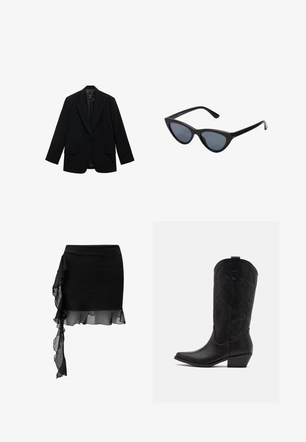 Sort blazer lavet af glat stof, med en enkelt knaplukning, notched revers og to frontlommer.; To sleeveless ribbede turtleneck toppe i brun og sort, vist på en ensfarvet hvid baggrund.; Sort nederdel med et tætsiddende design, der har et gennemsigtigt flæse-detalje, der asymmetrisk hænger fra taljen til kanten. Glat tekstur.; Sort læder cowboystøvle med spids tå, lav stablet hæl og indviklet præget bladmønster på skaftet. Strop øverst for nem påtagning.; Sorte katteøje solbriller med mørkegrå linser, slankt plastisk stel, spidse hjørner og lige stænger. Ingen synlig hardware eller dekorationer.; Bordeaux læder håndtaske med en buet form, guld accenter på metaldele og en lynlås lukning. Har en aftagelig skulderrem.