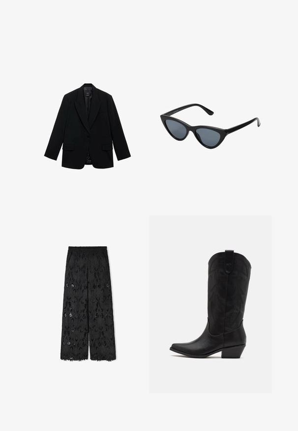 Blazer nero realizzato in tessuto morbido, con chiusura a un bottone, rever a punta e due tasche frontali.; Due top senza maniche a coste, uno marrone e uno nero, esposti su uno sfondo bianco semplice.; Pantaloni larghi neri realizzati in pizzo con motivi floreali. Presentano un elastico in vita e un orlo scallop. Tessuto semitrasparente.; Stivale da cowboy in pelle nera con punta affusolata, tacco basso impilato e intricato motivo a foglia stampato sul gambale. Anello nella parte superiore per una facile indossabilità.; Occhiali da sole cat-eye neri con lenti grigie scure, montatura in plastica elegante, angoli appuntiti e tempie dritte. Nessuna ferramenta o accenti visibili.; Borse in pelle borgogna con forma curva, dettagli in oro sull'hardware e chiusura con cerniera. Presenta una tracolla staccabile.