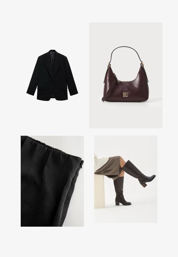 Schwarzer Blazer aus glattem Stoff, mit einer Ein-Knopf-Verschluss, Reverskragen und zwei frontalen Taschen.; Beiger gestrickter Pullover mit Polokragen, der eine Knopfleiste mit schwarzen Knöpfen sowie gerippte Bündchen und Saum aufweist. Weiche Textur.; Schwarzer, leichter Stoff mit glatter Textur, der über einen gerafften Taillenbund und einen seitlichen Reißverschluss verfügt. Einfaches Design ohne zusätzliche Muster.; Braune Lederstiefel bis zum Knie mit eckiger Zehenpartie, blockiertem Absatz und seitlichem Reißverschluss. Glatte Oberfläche mit polierter Optik.; Burgunderfarbene Lederhandtasche mit geschwungener Form, goldenen Akzenten an den Beschlägen und einem Reißverschlussverschluss. Verfügt über einen abnehmbaren Schultergurt.