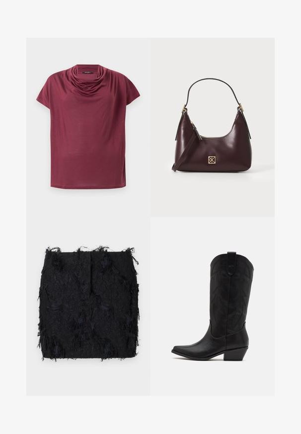 Schwarzer Blazer aus glattem Stoff, mit einer Ein-Knopf-Verschluss, Reverskragen und zwei frontalen Taschen.; Kurzärmliges, kastanienbraunes Hemd mit einem drapierten Schalkragen, flach auf einem weißen Hintergrund präsentiert.; Schwarzer Textrock mit einer geschichteten Fransen-Optik und einem leicht unregelmäßigen Saum, gefertigt aus einem leichten Stoff.; Schwarze Leder-Cowboystiefel mit spitzer Zehenform, niedrigem, gestapeltem Absatz und kunstvollem, geprägtem Blattmuster am Schaft. Schleife am oberen Ende für einfaches Anziehen.; Burgunderfarbene Lederhandtasche mit geschwungener Form, goldenen Akzenten an den Beschlägen und einem Reißverschlussverschluss. Verfügt über einen abnehmbaren Schultergurt.