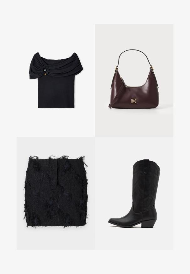 Czarny żakiet wykonany z gładkiego materiału, z pojedynczym zapięciem na guzik, klapami i dwiema przednimi kieszeniami.; Czarny top typu off-the-shoulder z teksturowanym materiałem, zebrana sekcja i dekoracyjny detal w postaci guzika. Gładki, dopasowany krój.; Czarna spódnica o teksturowej strukturze z warstwowym frędzlami i lekko nieregularnym dołem, wykonana z lekkiego materiału.; Czarne skórzane kowbojskie buty z wydłużonym noskiem, niskim, szczotkowanym obcasem oraz misternym tłoczonym wzorem liści na cholewie. Pętla u góry ułatwiająca zakładanie.; Burgundowa skórzana torebka o zaokrąglonym kształcie, z złotymi akcentami na elementach metalowych oraz zamknięciem na zamek błyskawiczny. Posiada odpinany pasek na ramię.