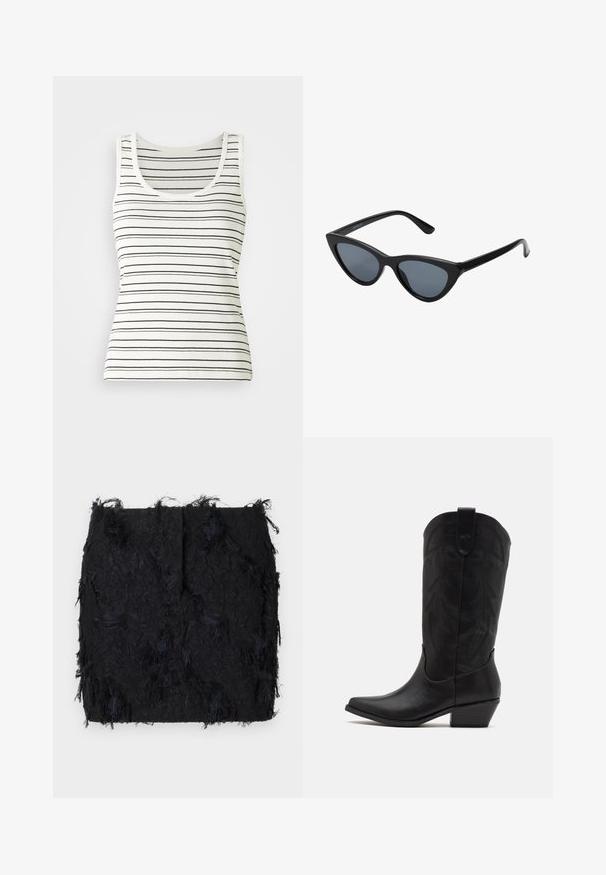 Mustapha pusero valmistettu sileästä kankaasta, jossa on yksittäinen nappisulku, muotoleikatut kaulukset ja kaksi etutaskua.; Raidallinen toppi off-white värissä, jossa on ohuita mustia vaakasuoria viivoja. Ominaisuuksina pyöreä kaula-aukko ja ribbikudos. Klassinen olkaimeton muotoilu.; Mustat tekstuuriset hame, jossa on kerroksellinen franskimuotoilu ja hieman epäsymmetrinen helma, valmistettu kevyestä kankaasta.; Musta nahkakengät cowboy-tyyliin, joissa on terävä kärki, matala pinottu korko ja monimutkainen kohokuvioitu lehtimäinen kuvio varressa. Ylhäällä on silmäkumi helppoa pukemista varten.; Mustat kissaeye-aurinkolasit tumman harmailla linsseillä, tyylikäs muovikehys, terävät kulmat ja suorat templet. Ei näkyvää metalliosia tai koristuksia.