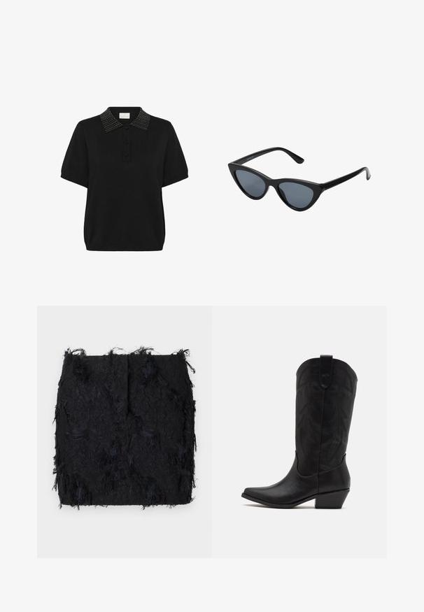 Schwarzer Blazer aus glattem Stoff, mit einer Ein-Knopf-Verschluss, Reverskragen und zwei frontalen Taschen.; Kaffe Poloshirt - black deep; Schwarzer Textrock mit einer geschichteten Fransen-Optik und einem leicht unregelmäßigen Saum, gefertigt aus einem leichten Stoff.; Schwarze Leder-Cowboystiefel mit spitzer Zehenform, niedrigem, gestapeltem Absatz und kunstvollem, geprägtem Blattmuster am Schaft. Schleife am oberen Ende für einfaches Anziehen.; Schwarze Cat-Eye-Sonnenbrille mit dunkelgrauen Gläsern, schlankem Kunststoffrahmen, spitzen Ecken und geraden Bügeln. Keine sichtbaren Befestigungen oder Akzente.