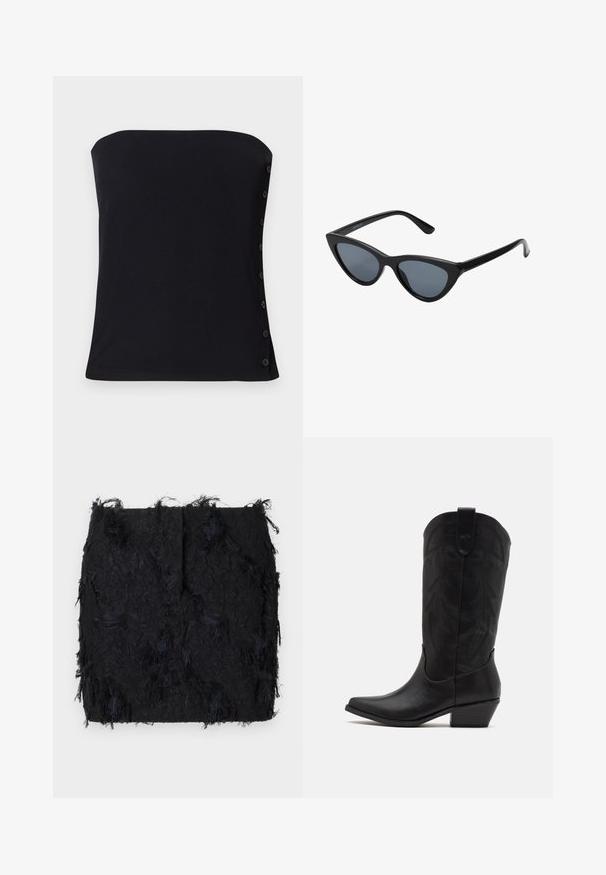 Svart kavaj tillverkad av glatt tyg, med enkel knappstängning, snedskurna slag och två framfickor.; Svart axellös ribbad topp med en åtsittande design. Har sidoknappar och en slät yta. Nederkanten är rak.; Svart texturerad kjol med ett lager av fransar och en något oregelbunden nederkant, tillverkad av ett lättviktigt tyg.; Svarta lädercowboyboots med spetsig tå, låg staplad klack och intrikat präglat bladmönster på skaftet. Ögla upptill för enkel påtagning.; Svart kattögon-solglasögon med mörkgrå linser, slimmad plastbåge, spetsiga hörn och raka skalmar. Ingen synlig hårdvara eller accenter.; Burgundy handväska i glänsande material, rektangulär form, med två axelremmar och subtila kurviga detaljer på framsidan.