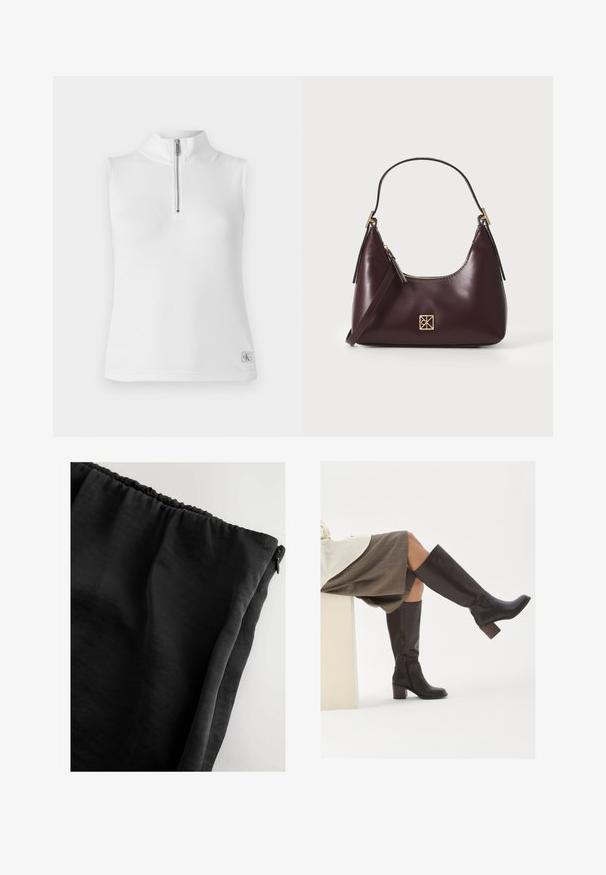 Čierny blejzer vyrobený z hladkej tkaniny, so zapínaním na jeden gombík, so zárezovými klopami a dvoma prednými vreckami.; Biely bezrukávový top s stojatým golierom a polovičným zipsom. Má rebrovanú textúru a malú značkovú etiketu na lemovaní.; Čierna, ľahká tkanina s hladkou textúrou, so zberaným pásom a bočným zipsom. Jednoduchý dizajn bez ďalších vzorov.; Hnedé kožené vysoké čižmy po kolená s obdĺžnikovou špičkou, robustným podpätkom a bočným zipsom. Hladká textúra s lesklým povrchom.; Bordový kožený kabelka s zakriveným tvarom, zlaté akcenty na hardvéri a zipsovým uzáverom. Obsahuje odnímateľný ramenný popruh.
