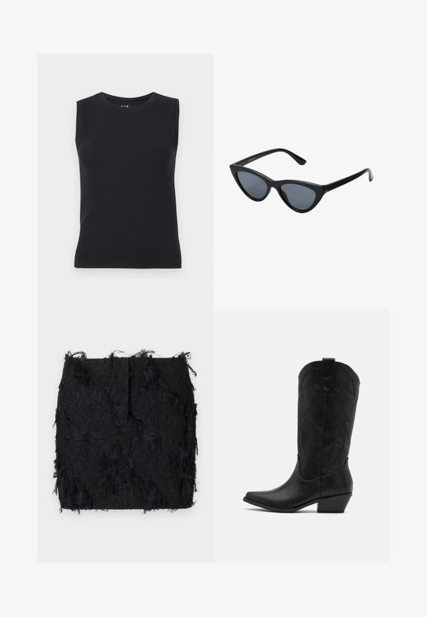 Schwarzer Blazer aus glattem Stoff, mit einer Ein-Knopf-Verschluss, Reverskragen und zwei frontalen Taschen.; Schwarzes, ärmelloses Oberteil aus geripptem Material. Besitzt einen runden Ausschnitt und eine eng anliegende Silhouette mit sauberen Kanten und ohne sichtbare Muster.; Schwarzer Textrock mit einer geschichteten Fransen-Optik und einem leicht unregelmäßigen Saum, gefertigt aus einem leichten Stoff.; Schwarze Leder-Cowboystiefel mit spitzer Zehenform, niedrigem, gestapeltem Absatz und kunstvollem, geprägtem Blattmuster am Schaft. Schleife am oberen Ende für einfaches Anziehen.; Schwarze Cat-Eye-Sonnenbrille mit dunkelgrauen Gläsern, schlankem Kunststoffrahmen, spitzen Ecken und geraden Bügeln. Keine sichtbaren Befestigungen oder Akzente.; Burgunderfarbene Lederhandtasche mit geschwungener Form, goldenen Akzenten an den Beschlägen und einem Reißverschlussverschluss. Verfügt über einen abnehmbaren Schultergurt.