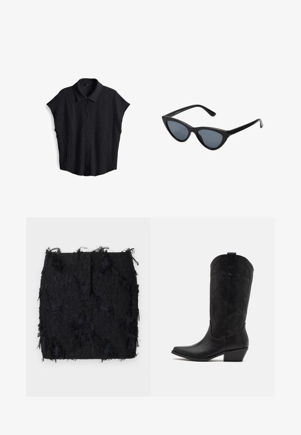 Blazer nero realizzato in tessuto morbido, con chiusura a un bottone, rever a punta e due tasche frontali.; Biscotto a maniche corte nera con tessuto testurizzato, chiusura a bottoni e colletto. Presenta una vestibilità rilassata e un sottile motivo a coste in tutto il capo.; Gonna nera con texture, caratterizzata da un design a frange sovrapposte e un orlo leggermente irregolare, realizzata in un tessuto leggero.; Stivale da cowboy in pelle nera con punta affusolata, tacco basso impilato e intricato motivo a foglia stampato sul gambale. Anello nella parte superiore per una facile indossabilità.; Occhiali da sole cat-eye neri con lenti grigie scure, montatura in plastica elegante, angoli appuntiti e tempie dritte. Nessuna ferramenta o accenti visibili.; Borse in pelle borgogna con forma curva, dettagli in oro sull'hardware e chiusura con cerniera. Presenta una tracolla staccabile.