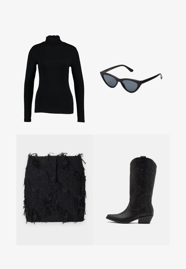 Črn blejzer iz gladkega materiala, z enim gumbom za zapiranje, z izrezanimi klopi in dvema sprednjima žepoma.; Črn dolgi rokavi turtleneck top iz gladkega materiala, s prilagojeno zasnovo in visokim ovratnikom, primeren za plastenje ali nošenje samostojno.; Črna teksturirana krila z večplastnim frufru designom in nekoliko nepravilnim robom, izdelana iz lahkega materiala.; Črne usnjene kavbojske škornje s koničastim nosom, nizkim nataknutim peto in zapletenim embosiranim listnatim vzorcem na šahu. Zanko na vrhu za lažje obuvanje.; Črne mačje oči sončna očala z temno sivo lečo, elegantnim plastičnim okvirjem, ostrimi koti in ravnimi vseski. Brez vidnih kovinskih delov ali okrasitev.; Burgundska kožna torbica s zakrivljenim oblikom, zlatnimi detajli na opremi in zadrgo. Ima odstranljiv naramni trak.