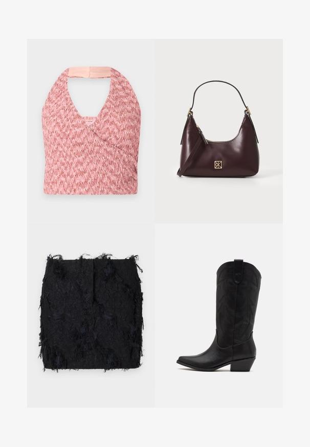 Black blazer made of smooth fabric, featuring a single button closure, notched lapels, and two front pockets.; Light pink halter top made of textured knit fabric with a wrap design, featuring a soft beige band at the back for secure fit.; Black textured skirt featuring a layered fringe design with a slightly irregular hemline, made from a lightweight fabric.; Black leather cowboy boot with pointed toe, low stacked heel, and intricate embossed leaf pattern on the shaft. Loop at the top for easy wear.; Burgundy leather handbag with a curved shape, gold accents on the hardware, and a zippered closure. Features a detachable shoulder strap.
