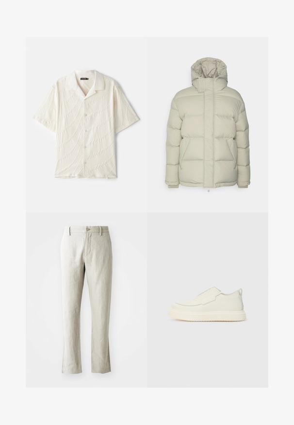 Svjetlosmeđi puf jakna s visokim ovratnikom i kapuljačom, s kviltanim dijelovima, prednjim džepovima i elastičnim manžetama. Glatka tekstura tkanine.; Košulja kratkih rukava dugmićima u boji off-white, s teksturiranom tkaninom s valovitim uzorcima i klasičnim okovratnikom.; Svijetlosmeđi laneni hlače ravnog kroja, suptilne teksture, s prednjim kopčanjem na gumb i dva bočna džepa. Krojenje omogućava čistu siluetu.; Cipela na navlačenje od teksturiranog materijala u boji slonovače s debelim, rebrastim đonom. Ima minimalne šavove i suptilan svijetloplavi detalj.