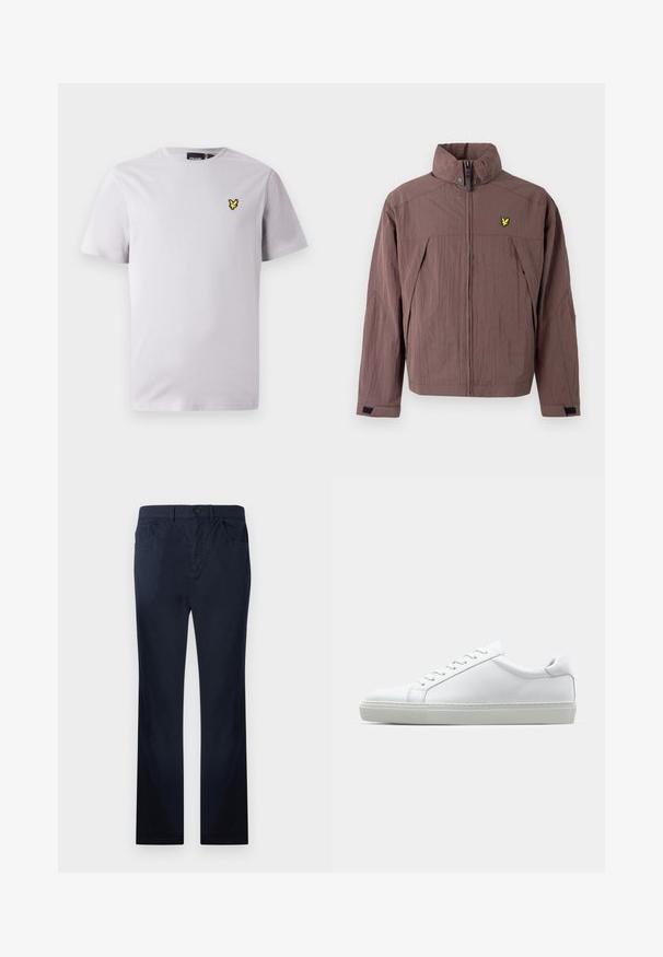 Brown zip-up jacket made of textured fabric, featuring a high collar and a small yellow logo on the left chest. Includes side pockets.; Light grey cotton t-shirt featuring a crew neck and short sleeves, with a small yellow embroidered bird logo on the left chest.; Navy blue cotton trousers with a straight fit, featuring front and back pockets, a zip fly, and a single button closure.; White sneaker with a smooth leather upper and a low profile. Features a rounded toe, six eyelets, and a textured rubber sole.