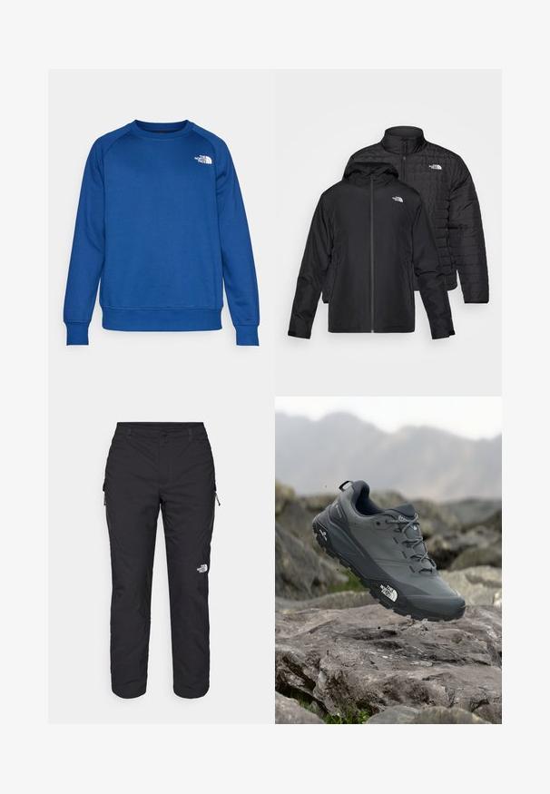 Dva crna sakoa jedan na drugom: jedan je pocepan, prešani sakou s visokim ovratnikom; drugi je lagani sakou s kapuljačom i zatvaračem.; Plava dukserica s okruglim izrezom, napravljena od pamučne mješavine. Ima rebraste manžete i rub, te mali bijeli logotip na prsima.; The North Face WINTER EXPLORATION TAPERED CARGO - Hlače za otvoreno - black; Sive trail trkačka cipela s teksturiranim gornjim dijelom, izdržljivom gumenom potplatom i ojačanim vrhom. Ima vezice i logotip branda sa strane.