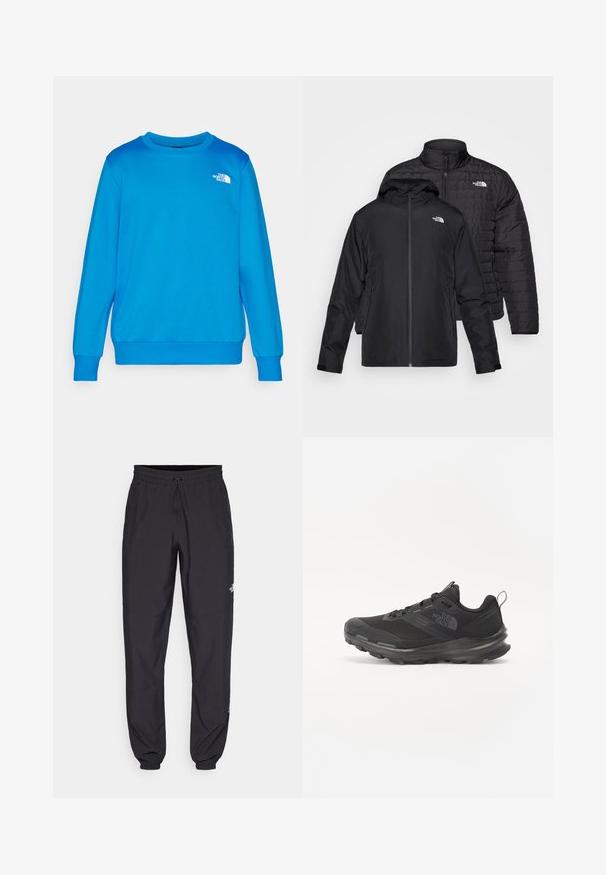 Duas jaquetas pretas empilhadas: uma é uma jaqueta acolchoada e volumosa com colarinho alto; a outra é uma jaqueta leve com capuz e fecho de zip.; Sweatshirt azul claro com decote redondo e mangas longas. Apresenta um pequeno logótipo branco no lado esquerdo do peito. Tecido macio com uma textura suave.; Calças atléticas pretas feitas de tecido leve, com um cós ajustável por cordão, bolsos laterais e punhos afunilados nos tornozelos.; Sapatilha atlética preta com parte superior em malha, sola de borracha e colarinho almofadado. Apresenta atacadores, logótipo de lado e um design texturizado.