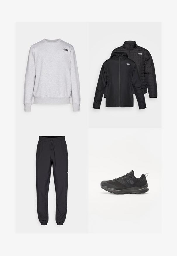 Două jachete negre stivuite: una este o jachetă pufosă, căptușită, cu guler înalt; cealaltă este o jachetă ușoară cu glugă și închidere cu fermoar.; Sweatshirt gri din material moale, având mâneci lungi, guler rotund, manșete ribbate și un mic logo negru pe piept.; Pantaloni atletici negri, confecționați dintr-un material ușor, cu un tiv elastic la talie, buzunare laterale și tivuri ajustate la gleznă.; Pantof sport negru cu superior din plasă, talpă din cauciuc și guler căptușit. Include șireturi, logo pe lateral și un design texturat.