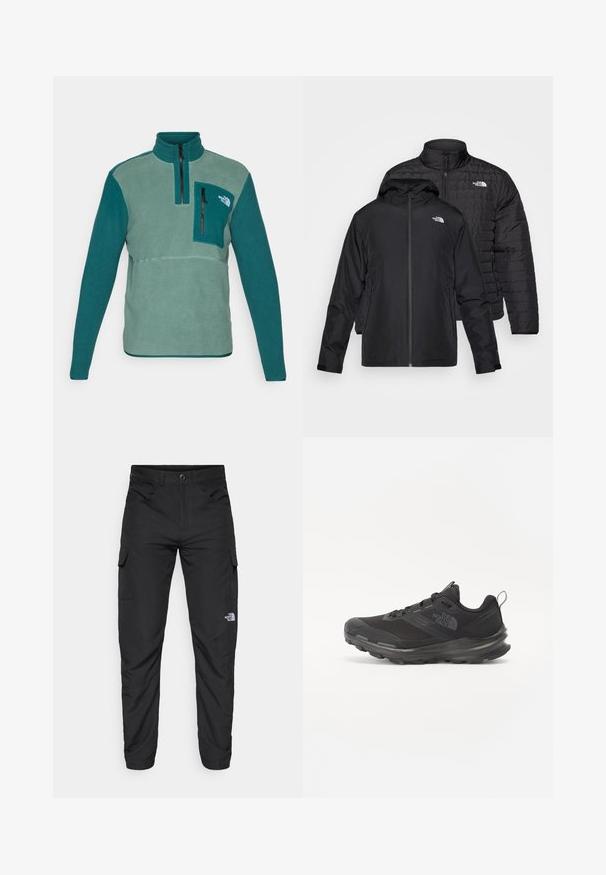 Duas jaquetas pretas empilhadas: uma é uma jaqueta acolchoada e volumosa com colarinho alto; a outra é uma jaqueta leve com capuz e fecho de zip.; Pullover de fleece em verde-azulado e verde com gola alta, zíper a meio e um bolso frontal no peito com um zíper preto. Apresenta um tecido texturizado.; The North Face HORIZON PANT - Calças para exterior - black; Sapatilha atlética preta com parte superior em malha, sola de borracha e colarinho almofadado. Apresenta atacadores, logótipo de lado e um design texturizado.