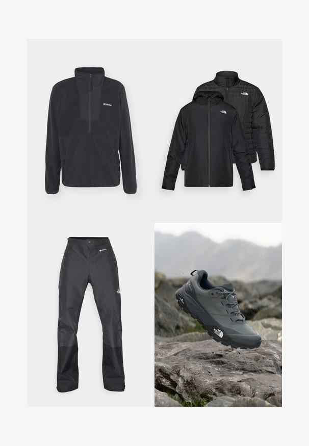 Két fekete dzseki egymásra rakva: az egyik egy puffadt, steppelt dzseki magas gallérral; a másik egy könnyű dzseki kapucnival és cipzárral.; Fekete bolyhos pulóver fél cipzárral a gallérnál, két oldalsó cipzáras zsebre és egy logóra a mellkason. Simább textúrával és illeszkedő ujjakra rendelkezik.; Fekete vízálló nadrág sima textúrával, elöl GORE-TEX logóval, és megerősített alsó lábrészekkel a tartósság érdekében.; Szürke terepfutó cipő, texturált felsőrésszel, tartós gumitalppal és megerősített orr résszel. Fekete fűzők és márka logó a cipő oldalán.
