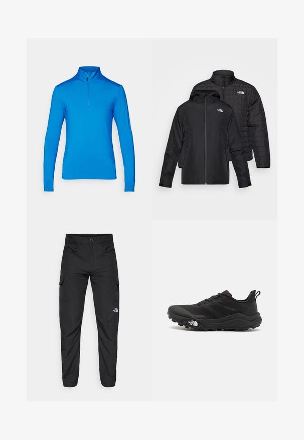 Twee zwarte jassen gestapeld: de ene is een puffy, gewatteerde jas met een hoge kraag; de andere is een lichtgewicht jas met een capuchon en ritssluiting.; Blauw sportshirt met lange mouwen en halve ritssluiting, gemaakt van een gladde, lichte stof; heeft een hoge kraag en platte naden.; The North Face HORIZON PANT - Outdoorbroeken - black; Zwarte trailrunning schoen met een gestructureerde bovenkant, rubberen zool en versterkte neus. Voorzien van een gevoerde kraag en een trekhaak voor eenvoudig aan- en uittrekken.
