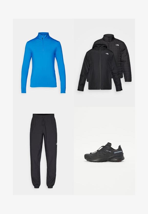 Twee zwarte jassen gestapeld: de ene is een puffy, gewatteerde jas met een hoge kraag; de andere is een lichtgewicht jas met een capuchon en ritssluiting.; Blauw sportshirt met lange mouwen en halve ritssluiting, gemaakt van een gladde, lichte stof; heeft een hoge kraag en platte naden.; Zwarte sportieve broek gemaakt van lichtgewicht stof, met een trekkoord in de taille, zijzakken en taps toelopende boorden bij de enkels.; Zwarte trailrunning-schoen met een gestructureerde bovenkant, elastische veters en Contagrip-buitenzool. Bevat een goede pasvorm en beschermende teenkap.