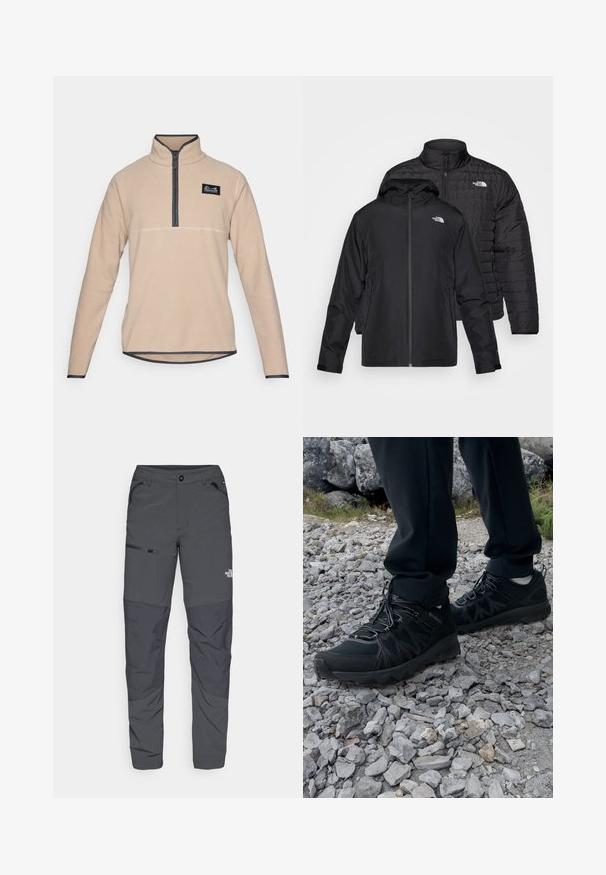 Dvě černé bundy naskládané na sobě: jedna je péřová, prošívaná bunda s vysokým límcem; druhá je lehká bunda s kapucí a zipem.; Beige fleeceová mikina s polovičním zipem, kontrastním tmavým lemem a malou nášivkou s logem na levém prsu. Dlouhé rukávy, zaoblený lem.; Šedé venkovní kalhoty s hladkým povrchem, které mají boční kapsu na zip, vyztužené části na kolenou a decentní detail loga.; Černé venkovní boty z prodyšného a syntetického materiálu, s texturovaným svrškem, bezpečným šněrovacím systémem a robustní podrážkou, na skalnatém terénu.