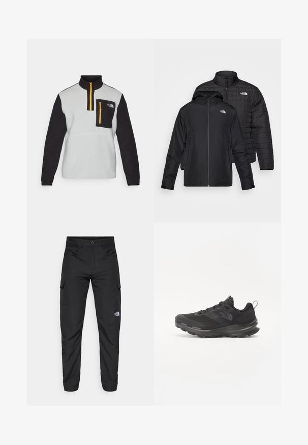 Dva črna jopiča naložena drug na drugega: en je puhasti, prešiti jopič z visokim ovratnikom; drugi je lahki jopič s kapuco in zadrgo.; Flis pulover v sivi in črni barvi z visokim ovratnikom, pol-zadrgo spredaj, žepom na prsih z zadrgo in kontrastno rumeno zadrgo.; The North Face HORIZON PANT - Hlače za na prostem - black; Črne športne čevlje z mrežastim zgornjim delom, gumijastim podplatom in oblazinjenim ovratnikom. Imajo vezalke, logo na strani in strukturiran dizajn.