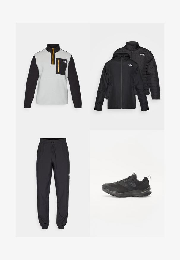Due giacche nere impilate: una è una giacca imbottita e trapuntata con un colletto alto; l'altra è una giacca leggera con cappuccio e chiusura con zip.; Pullover in fleece grigio e nero con colletto alto, chiusura a mezza zip sul davanti, tasca sul petto con zip e dettaglio della zip gialla a contrasto.; Pantaloni sportivi neri realizzati in tessuto leggero, con vita regolabile con cordino, tasche laterali e orli affusolati alle caviglie.; Scarpa sportiva nera con tomaia in rete, suola in gomma e collarino imbottito. Presenta lacci, un logo sul lato e un design testurizzato.