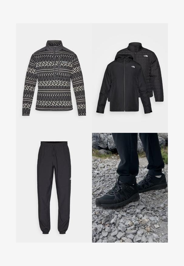 Two black jackets stacked: one is a puffy, quilted jacket with a high collar; the other is a lightweight jacket with a hood and zip closure.; Black and white patterned fleece pullover with a quarter-zip collar, featuring a chest pocket and textured surface. Brand logo on front.; Black athletic pants made from lightweight fabric, featuring a drawstring waistband, side pockets, and tapered cuffs at the ankles.; Black outdoor shoes with mesh and synthetic material, featuring a textured upper, secured lacing system, and a rugged outsole, on rocky terrain.