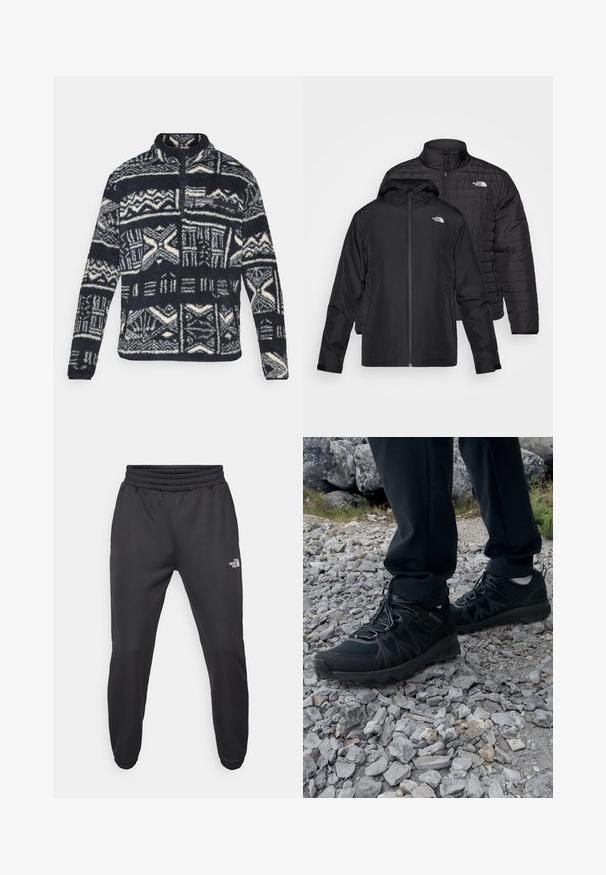 Dva crna sakoa jedan na drugom: jedan je pocepan, prešani sakou s visokim ovratnikom; drugi je lagani sakou s kapuljačom i zatvaračem.; Muška crno-bijela flis jakna s geometrijskim uzorcima, s frankom na četvrtinu, zip pockets na prsima i Columbia logom na prsima.; Crne trenirke s elastičnom trakicom u struku, suženog kroja, elastičnim manžetama i malim bijelim logom na lijevom bedru, izrađene od glatkog materijala.; Crne vanjske cipele s mrežastim i sintetičkim materijalom, s teksturiranim gornjim dijelom, osiguranim sustavom vezanja i čvrstim potplatom, na stjenovitom terenu.