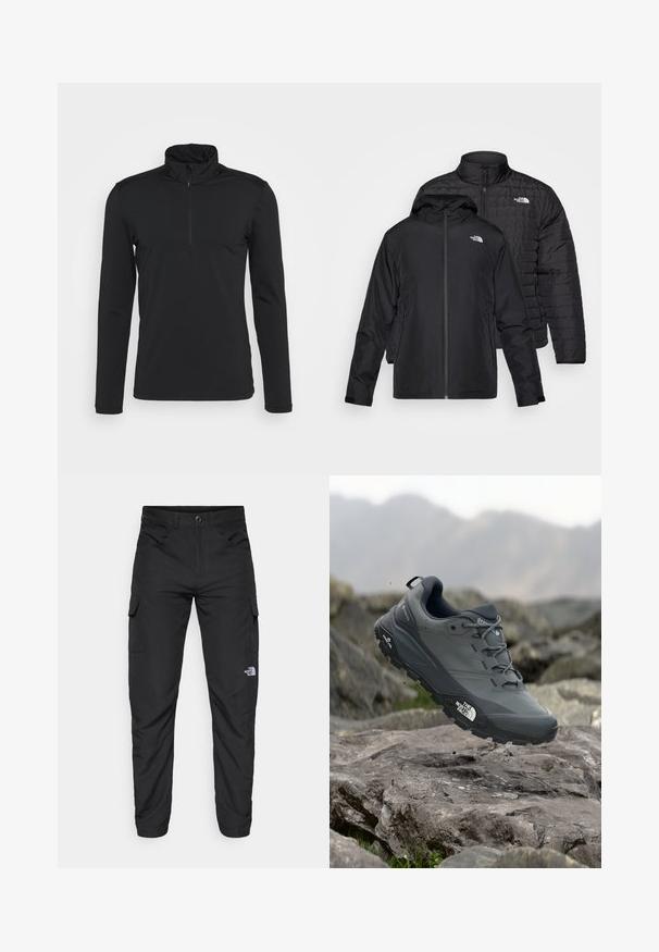 Deux vestes noires empilées : l'une est une veste rembourrée et matelassée avec un haut col ; l'autre est une veste légère avec une capuche et une fermeture éclair.; Pull noir à manches longues avec un col montant et un décolleté zippé. Texture lisse, sans motifs visibles, et design minimaliste.; The North Face HORIZON PANT - Pantalons outdoor - black; Chaussure de trail running grise avec un dessus texturé, semelle en caoutchouc durable et chaussure renforcée à l'avant. Comprend des lacets et un logo de la marque sur le côté.