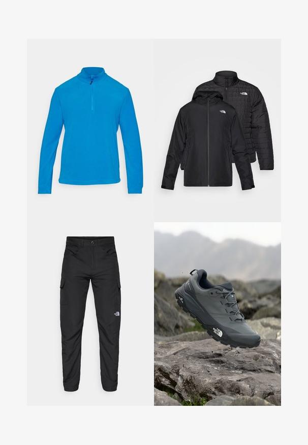Kaks musta jope üksteise peal: üks on paks, tikitud jakk kõrge kraega; teine on kerge jakk kapuutsi ja lukuga.; CMP MAN - Fliisdžemper - zaffiro; The North Face HORIZON PANT - Õuepüksid - black; Hallhalli jooksukingad halli värvi, tekstureeritud ülemise osaga, vastupidava kummist tallaga ja tugevdatud varvaste kattega. Omab paelu ja kaubamärgi logo küljel.