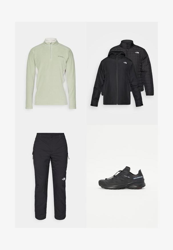 Két fekete dzseki egymásra rakva: az egyik egy puffadt, steppelt dzseki magas gallérral; a másik egy könnyű dzseki kapucnival és cipzárral.; világos zöld gyapjú pulóver magas gallérral és fél cipzárral. Fehér oldalsó panelek és egy kis logó található rajta a mellkasán. Puha textúra.; The North Face WINTER EXPLORATION TAPERED CARGO - Szabadtéri nadrágok - black; Fekete terepfutó cipő textúrált felsőrésszel, rugalmas fűzőkkel és Contagrip talppal. Kiemelkedő illeszkedés és védő orrborítás jellemzi.