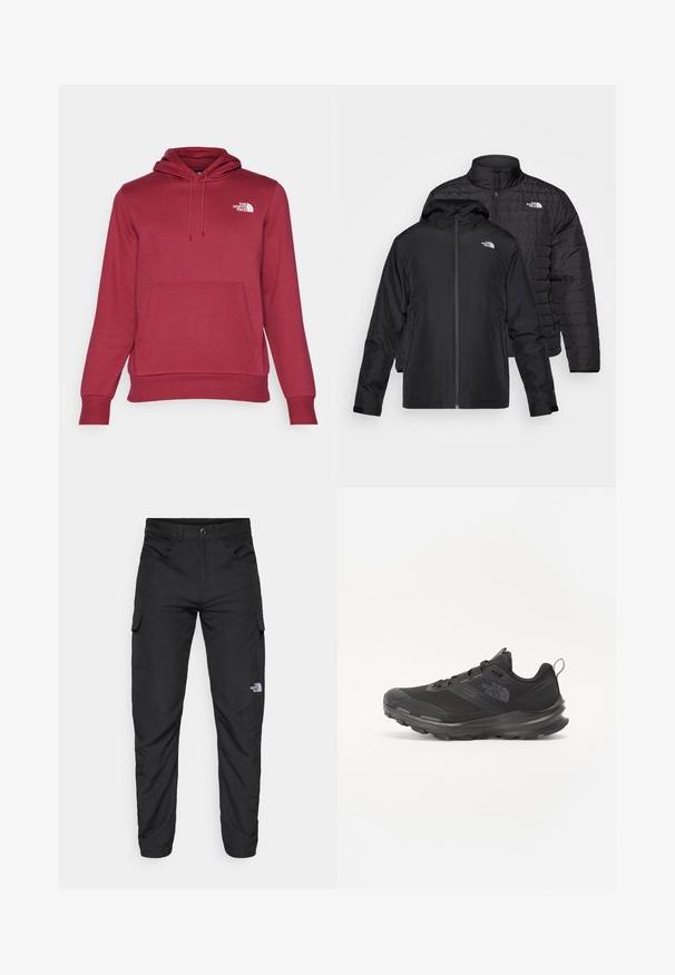 Două jachete negre stivuite: una este o jachetă pufosă, căptușită, cu guler înalt; cealaltă este o jachetă ușoară cu glugă și închidere cu fermoar.; The North Face M SIMPLE DOME REGULAR HOODIE - Hanorac - beetroot; The North Face HORIZON PANT - Pantaloni outdoor - black; Pantof sport negru cu superior din plasă, talpă din cauciuc și guler căptușit. Include șireturi, logo pe lateral și un design texturat.