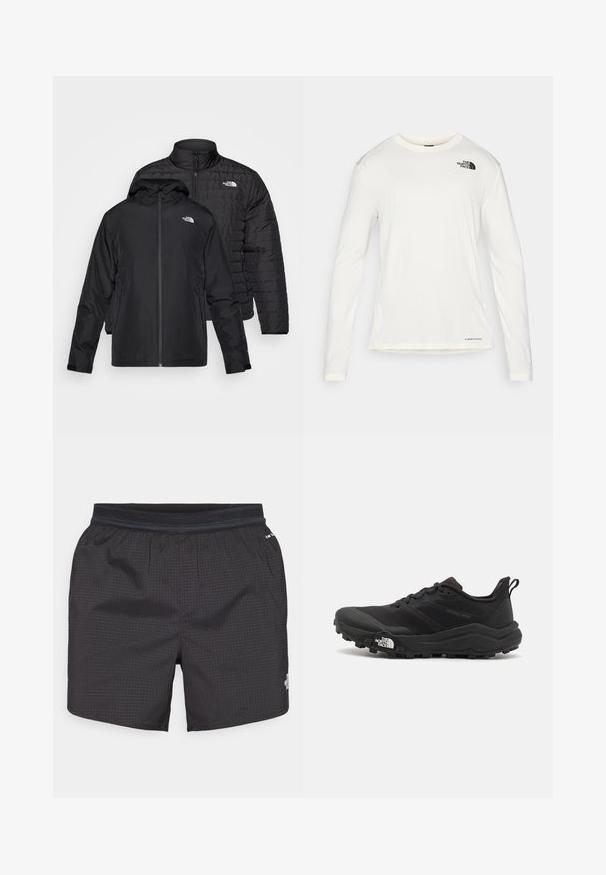 Två svarta jackor staplade: en är en puffy, vadderad jacka med hög krage; den andra är en lätt jacka med huva och dragkedja.; Vit långärmad skjorta med rund hals, texturerat tyg, svart logotyp på vänster axel och diskret branding i botten.; Svarta simshorts tillverkade av lätt material med ett rutmönster. Har en elastisk midja och en logotyp på framsidan.; Svart terränglöparsko med en strukturerad ovandel, gummisula och förstärkt tåhätta. Har en vadderad krage och en dragflik för enkel påtagning.