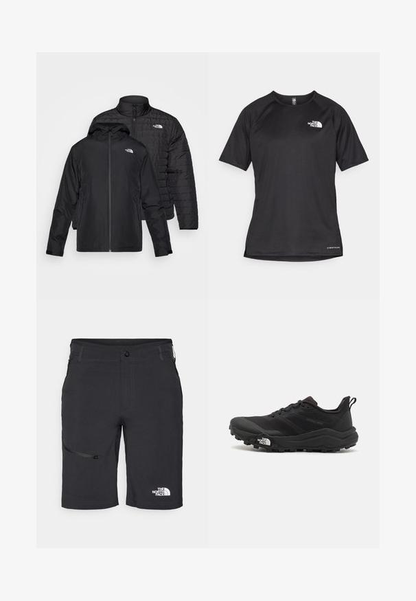 Divi melni mēteļi salikti viens uz otra: viens ir pūkains, pārklāts mētelis ar augstu apkakli; otrs ir viegls mētelis ar kapuci un rāvējslēdzēju.; Melna sporta krekla īsām piedurknēm ar strukturētu audumu, kas ir ar baltu logotipu kreisajā krūtīs un taisnu apakšmalu.; Melni šorti ar rāvējslēdzēja kabatu un baltu logo, izgatavoti no viegla auduma, ar taisnu piegriezumu un šuvju detaļām.; Melnas taku skriešanas kurpes ar teksturētu virsu, gumijas zoli un pastiprinātu pirkstu daļu. Aprīkotas ar mīkstu apkakli un vilkšanas cilpu, lai viegli uzvilktu.