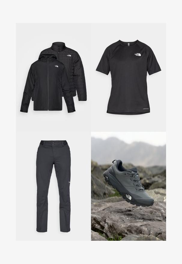 Două jachete negre stivuite: una este o jachetă pufosă, căptușită, cu guler înalt; cealaltă este o jachetă ușoară cu glugă și închidere cu fermoar.; Tricou athletic scurt, de culoare neagră, cu un material texturat, având un logo alb pe partea stângă a pieptului și un tiv drept.; Berghaus RIDGE ROAMER - Pantaloni outdoor - black; Pantof de alergare pe trasee gri, cu o partieră texturată, talpă din cauciuc durabil și vârf întărit. Dispune de șireturi și logo-ul brandului pe lateral.