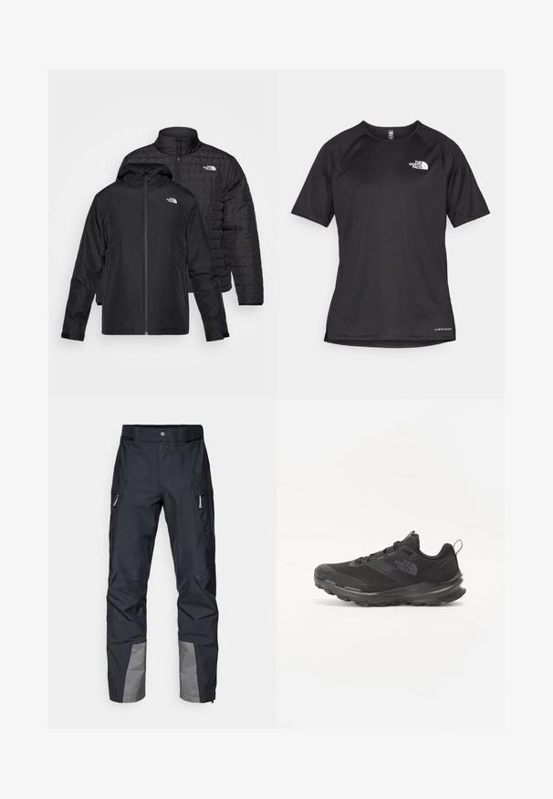 Kaks musta jope üksteise peal: üks on paks, tikitud jakk kõrge kraega; teine on kerge jakk kapuutsi ja lukuga.; Must mustreening, lühikeste varrukatega sportpoliis, millel on tekstuuriga kangas, valge logo vasakul rinnal ja sirge äär.; Must ootelised tumedad püksid sirge lõikega, külgpockets, hallid aktsendid alumiste sääreosas ning vastupidav kangas. Veekindel disain.; Must use õhku läbilaskvat võrku ülemise ja kummist välispõhjaga mustad atleetijalatsid, millel on polsterdatud kaelus. Omab nööre, logo küljel ja tekstuurset disaini.