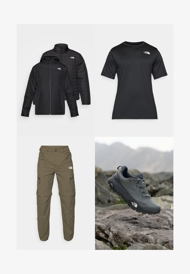 Du kartuotos juodos striukės: viena yra pūkinė, siuvinėta striukė su aukštu apykakle; kita yra lengva striukė su gobtuvu ir užtrauktuku.; Juoda trumpų rankovių marškinėliai, pagaminti iš lengvos, drėgmę praleidžiančios medžiagos. Viršuje kairėje krūtinės pusėje yra balta logotipo etiketė, o apykaklė yra klasikinio stiliaus.; The North Face EXPLORATION TAPERED CONVERTIBLE - Lauko kelnės - new taupe green; Pilkas bėgimo batelis su tekstūruota viršutine dalimi, tvirtu guminio pado ir sustiprinta nosimi. Turi raištelius ir prekės ženklo logotipą šone.
